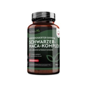 Nutravita Black Maca Root Complex – 5000mg with L-Arginine & Panax Ginseng (180 Vegan Capsules)
